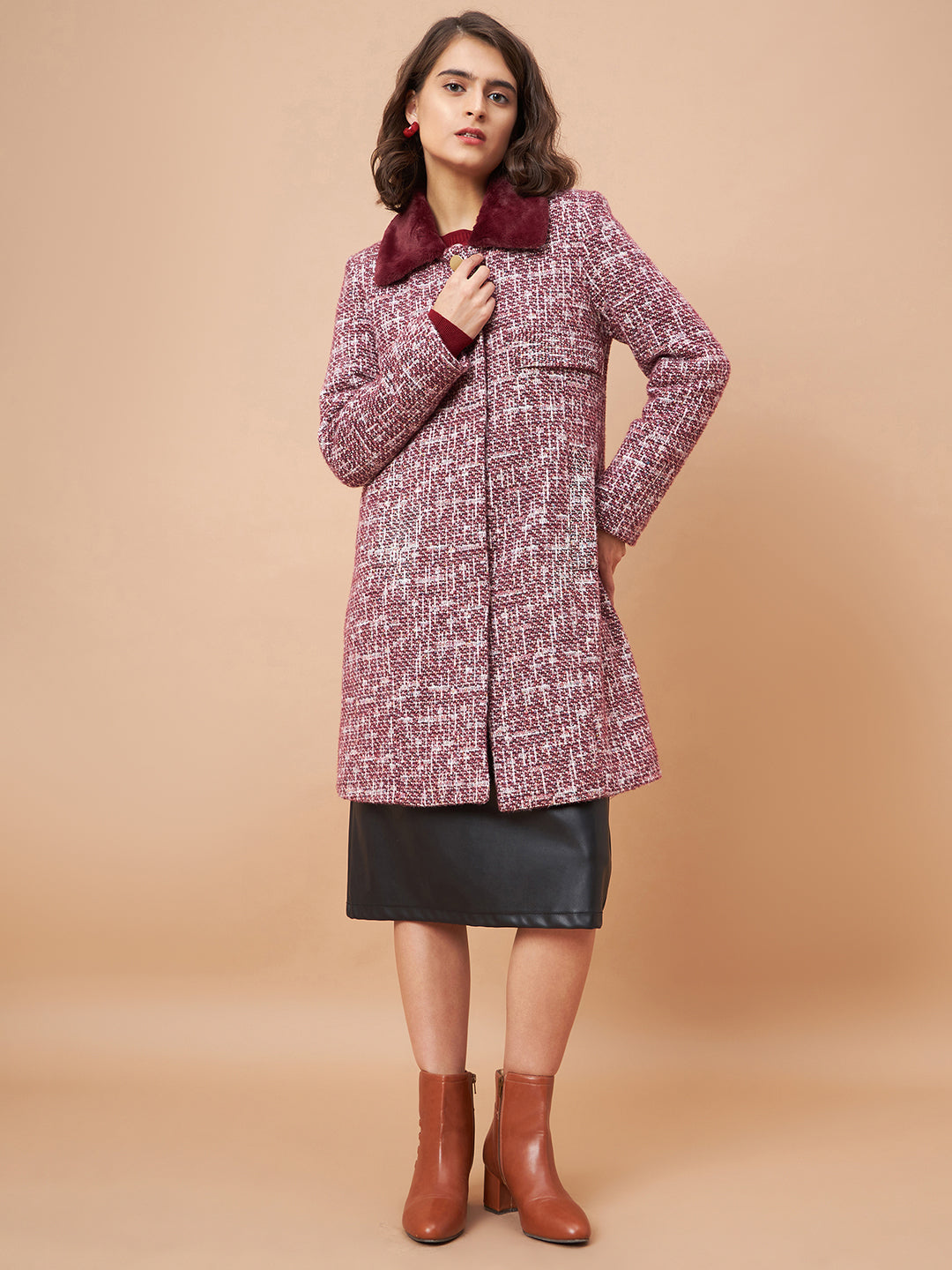 Gipsy Women Flat Collar Straight Full Sleeve Vibgyor Knit Milange Fabric Maroon Coat