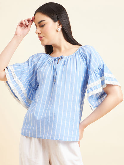 Gipsy Women Print Lace Cotton Blue Top