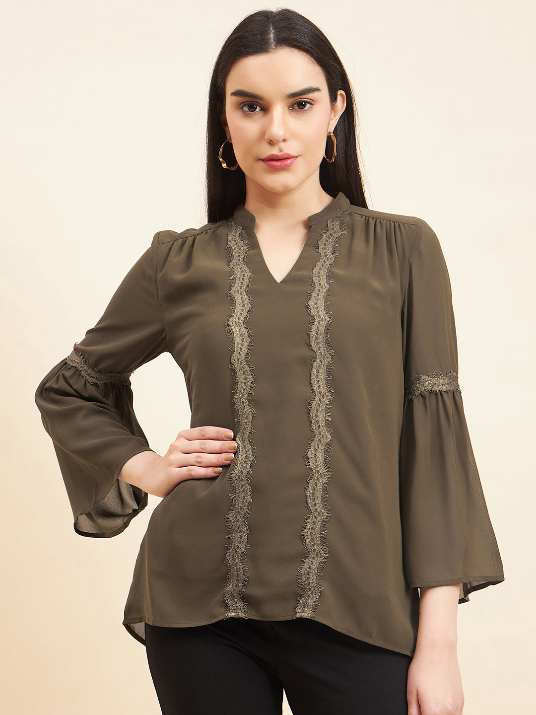 Gipsy Women Print Lace Polyester Olive Tunic