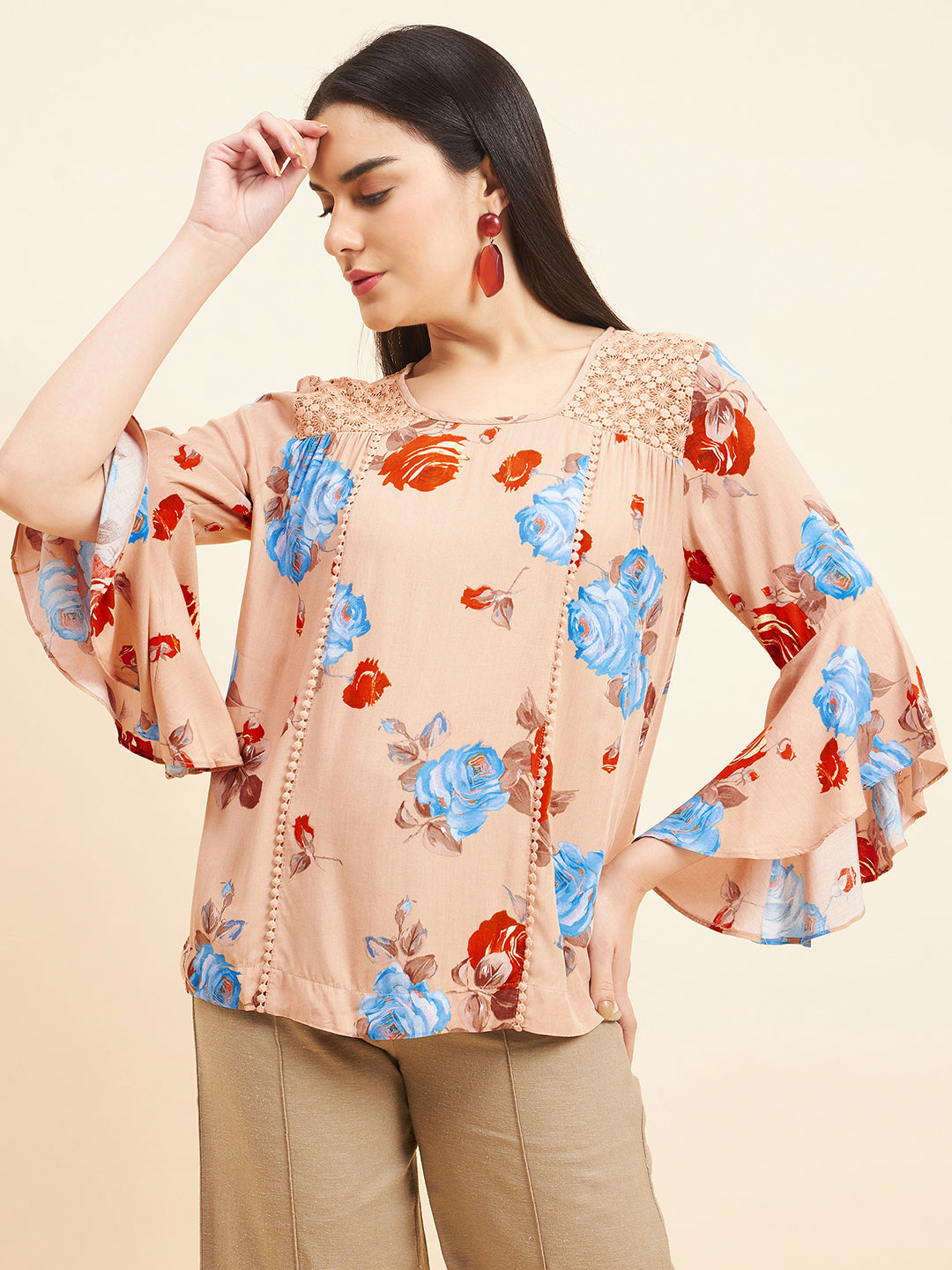 Gipsy Women Solid Lace Rayon Beige Top