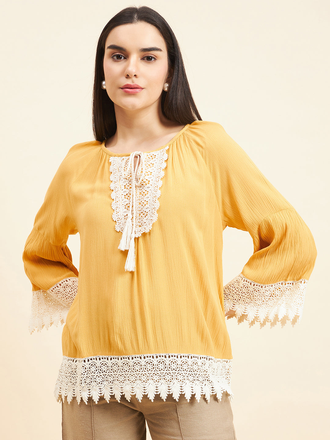 Gipsy Women Solid Lace Rayon Mustard Tunic