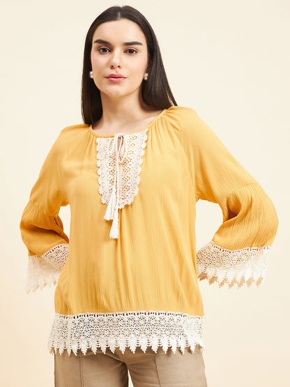 Gipsy Women Solid Lace Rayon Mustard Tunic