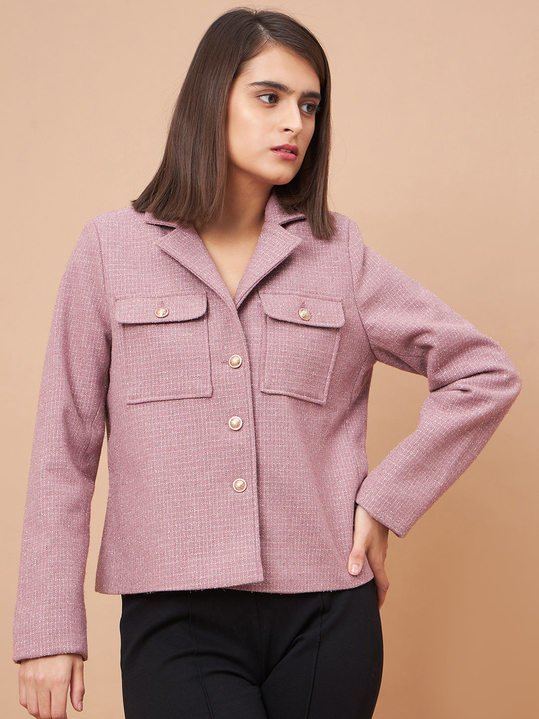 Gipsy Women Lapel Collar Straight Full Sleeve Lurex Wool Fabric Dusky Pink Coat