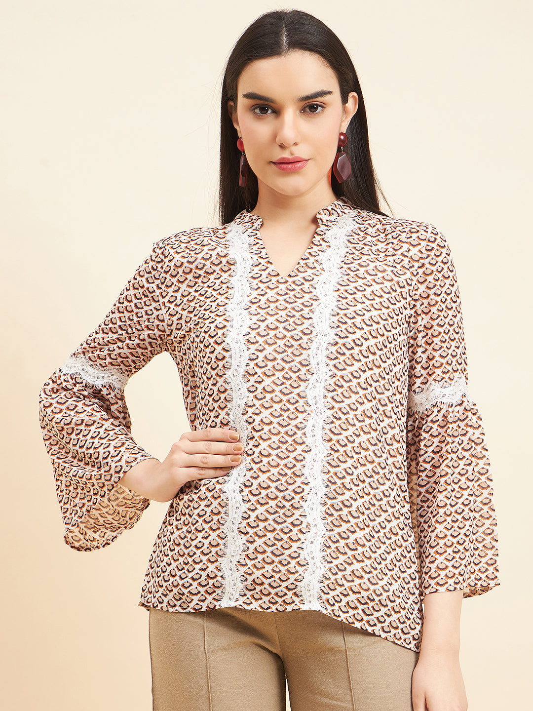 Gipsy Women Print Lace Polyester Cream Tunic