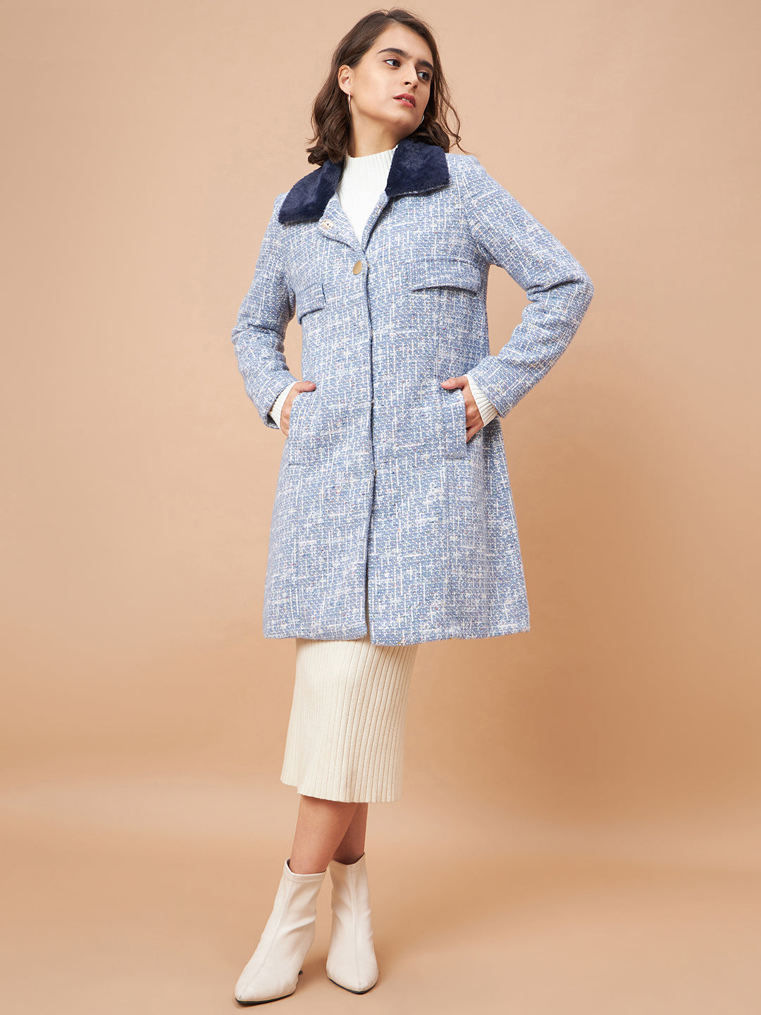 Gipsy Women Flat Collar Straight Full Sleeve Vibgyor Knit Milange Fabric Sky Blue Coat
