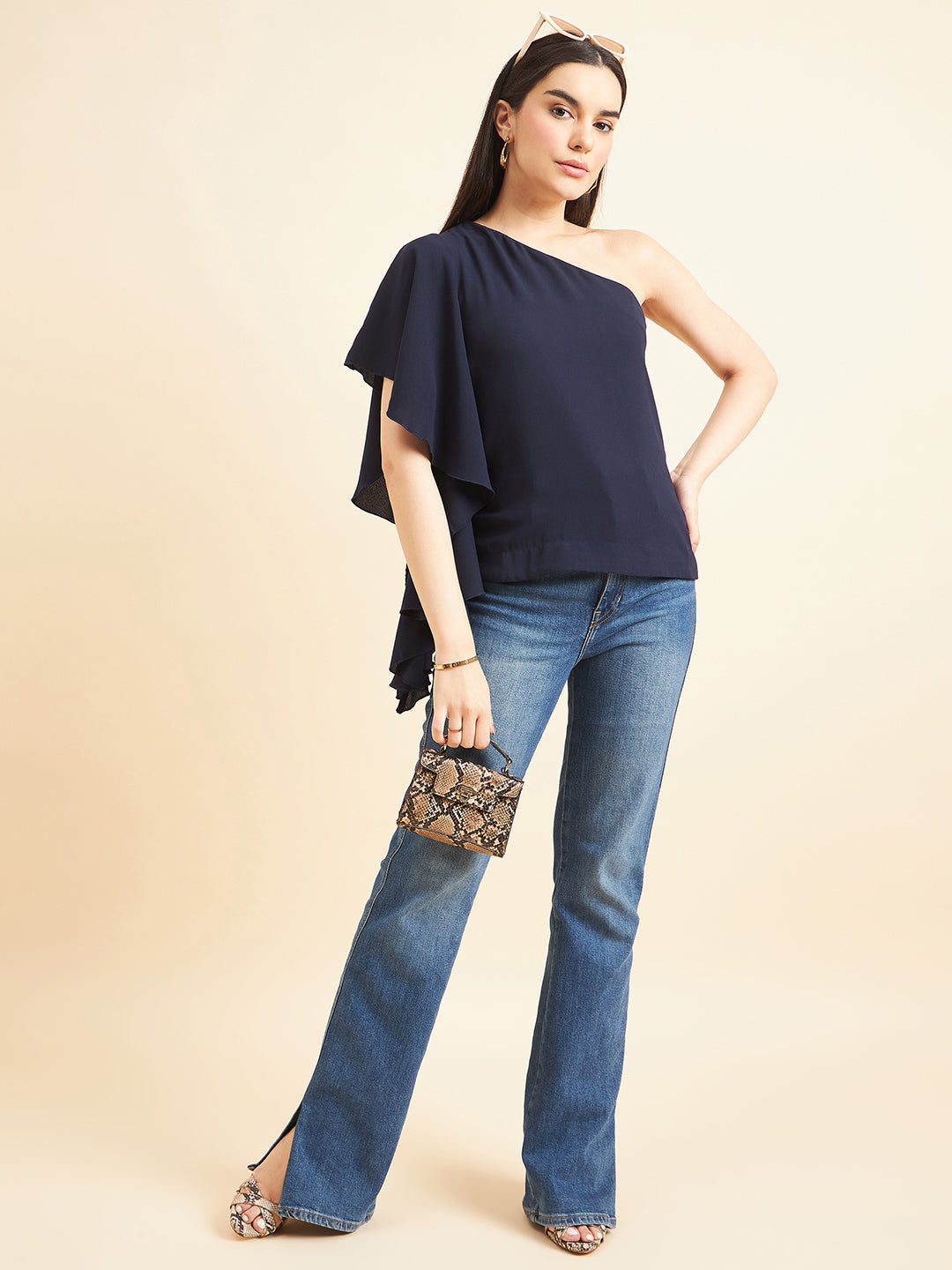 Gipsy Women Solid Polyester Navy Top