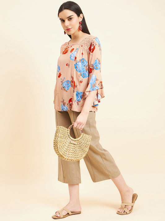 Gipsy Women Solid Lace Rayon Beige Top