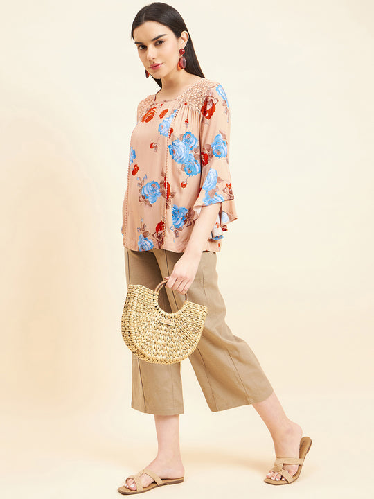 Gipsy Women Solid Lace Rayon Beige Top