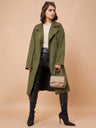 Gipsy Women Lapel Collar Straight Full Sleeve Suede Fabric Olive Coat