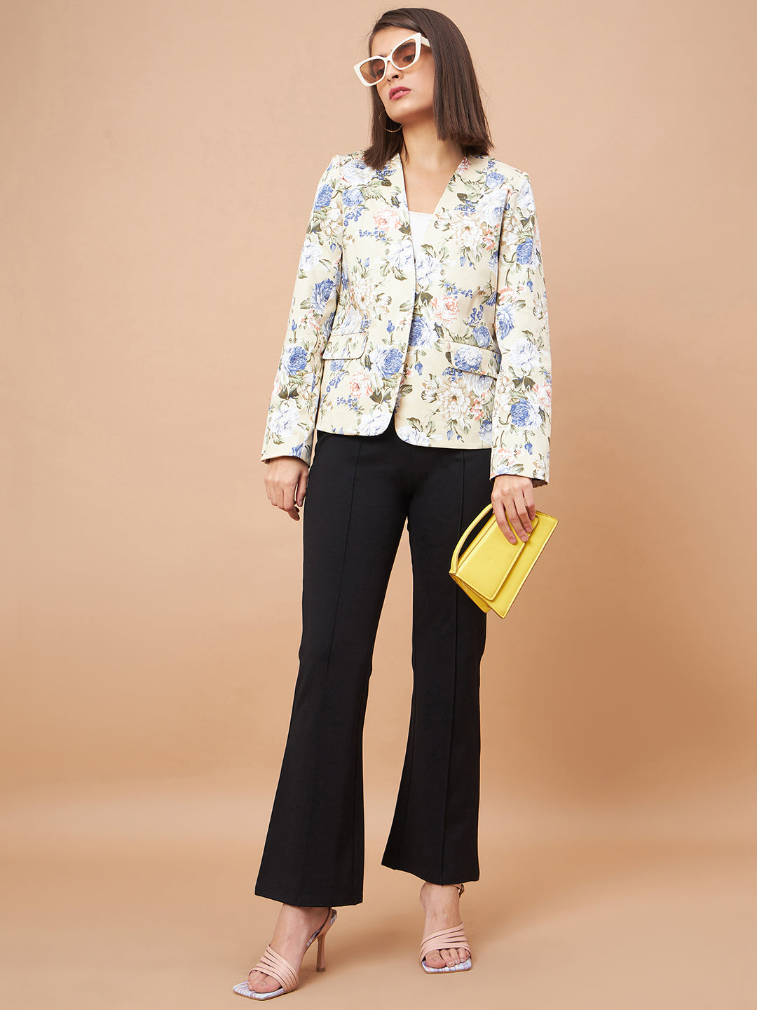 Gipsy Women V-Neck Straight Full Sleeve Cotton Fabric Beige Floral Coat