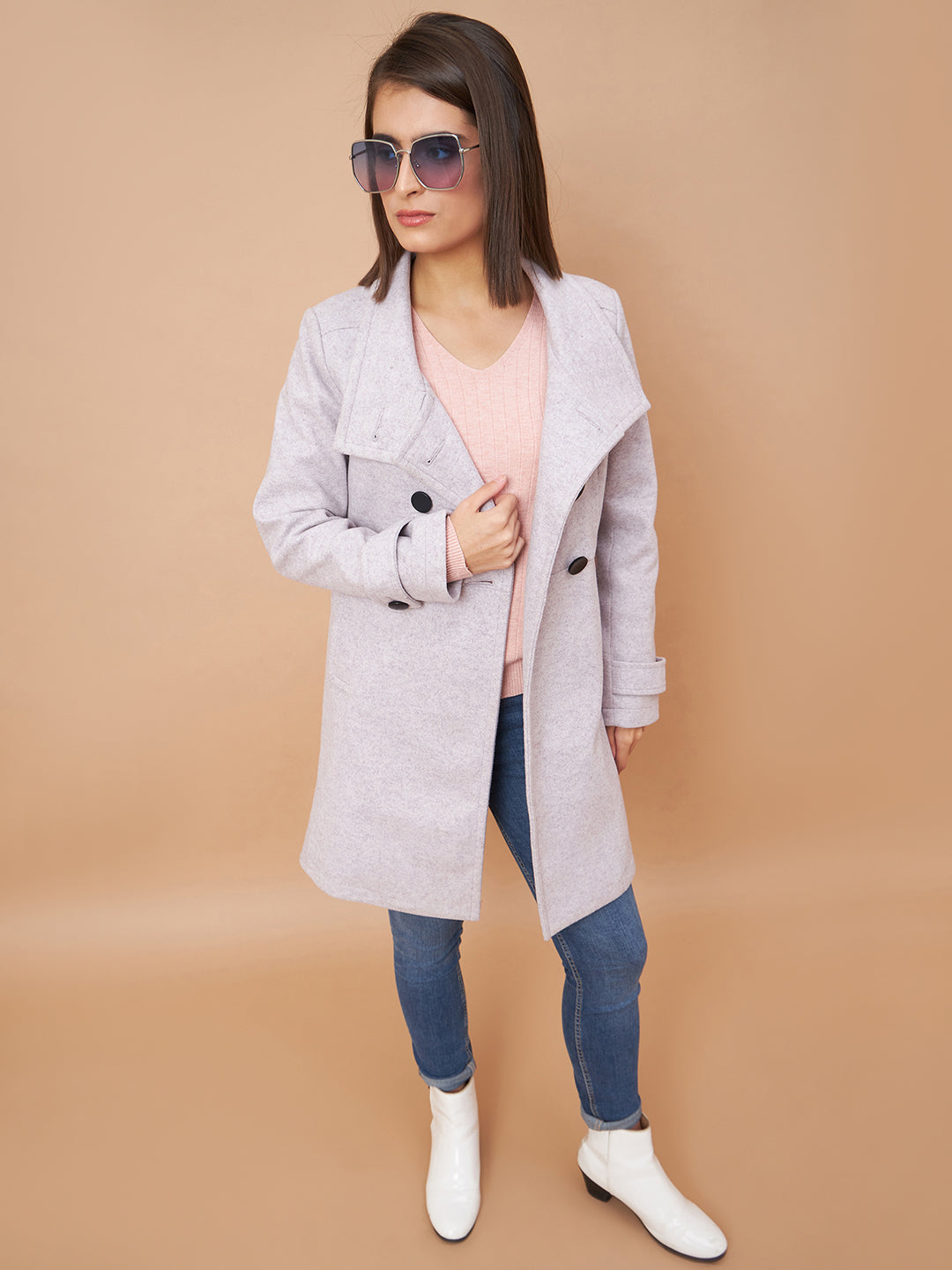 Gipsy Women Funnel Collar Straight Full Sleeve Synthetics Fabric Lavender Coat