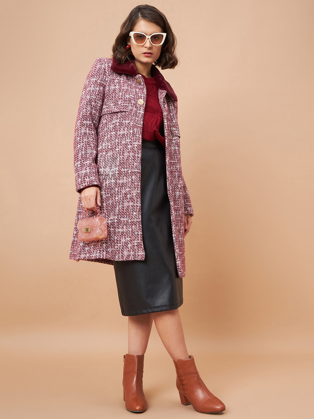 Gipsy Women Flat Collar Straight Full Sleeve Vibgyor Knit Milange Fabric Maroon Coat