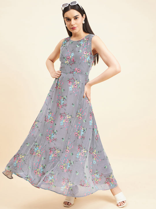 Gipsy Women Print A-Line Polyester Maxi Navy White Print Dress