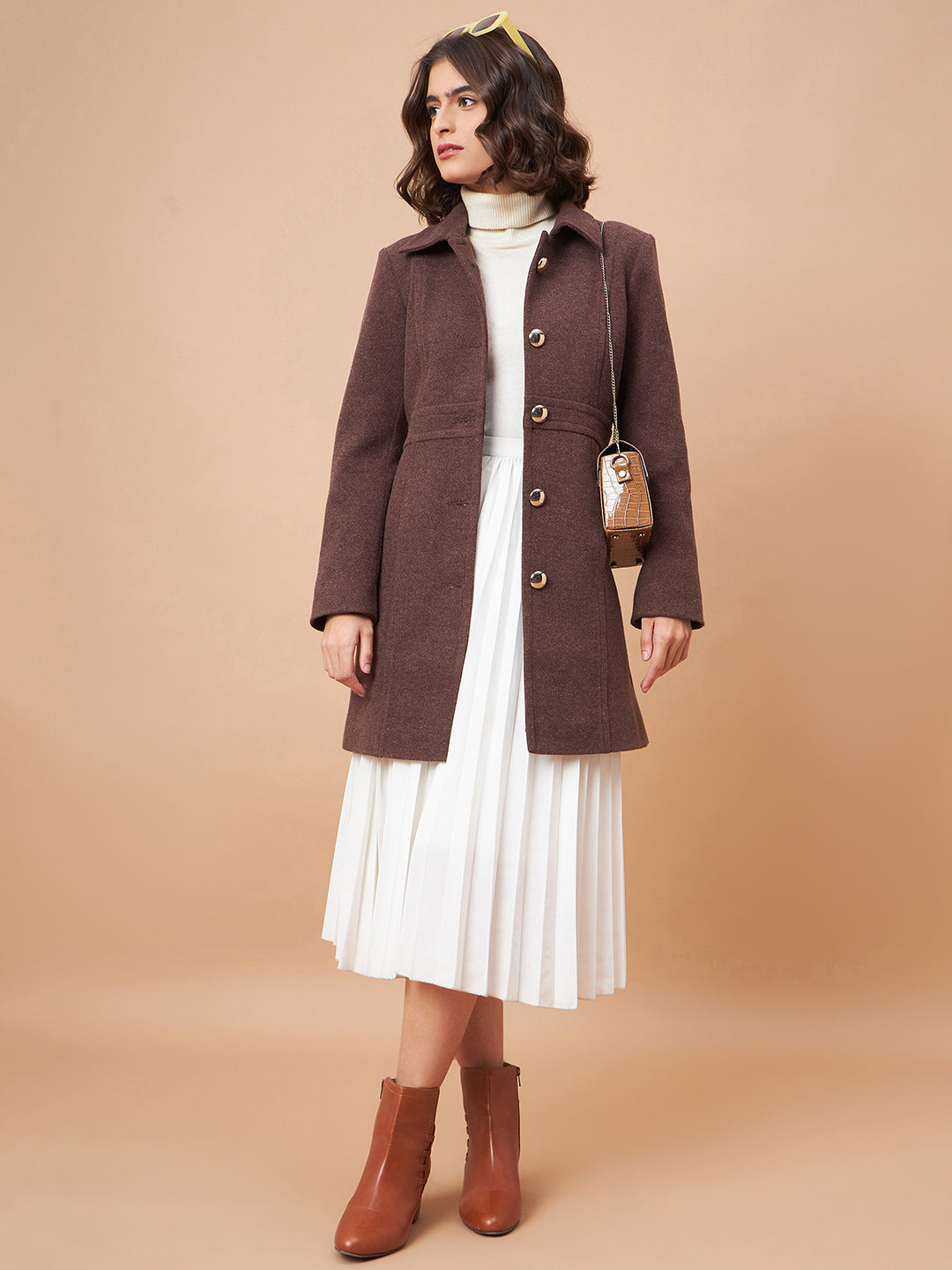 Gipsy Women Flat Collar Straight Full Sleeve Synthetics Fabric Choco Coat