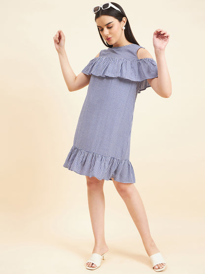 Gipsy Women Solid Frill Cotton Mini Royal Blue Dress