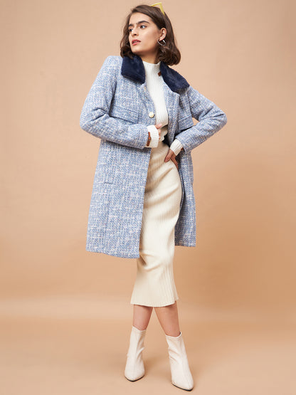 Gipsy Women Flat Collar Straight Full Sleeve Vibgyor Knit Milange Fabric Sky Blue Coat