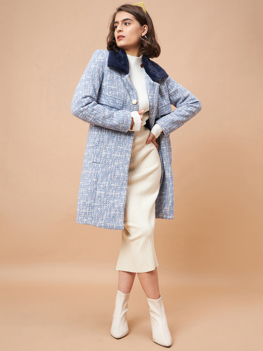 Gipsy Women Flat Collar Straight Full Sleeve Vibgyor Knit Milange Fabric Sky Blue Coat