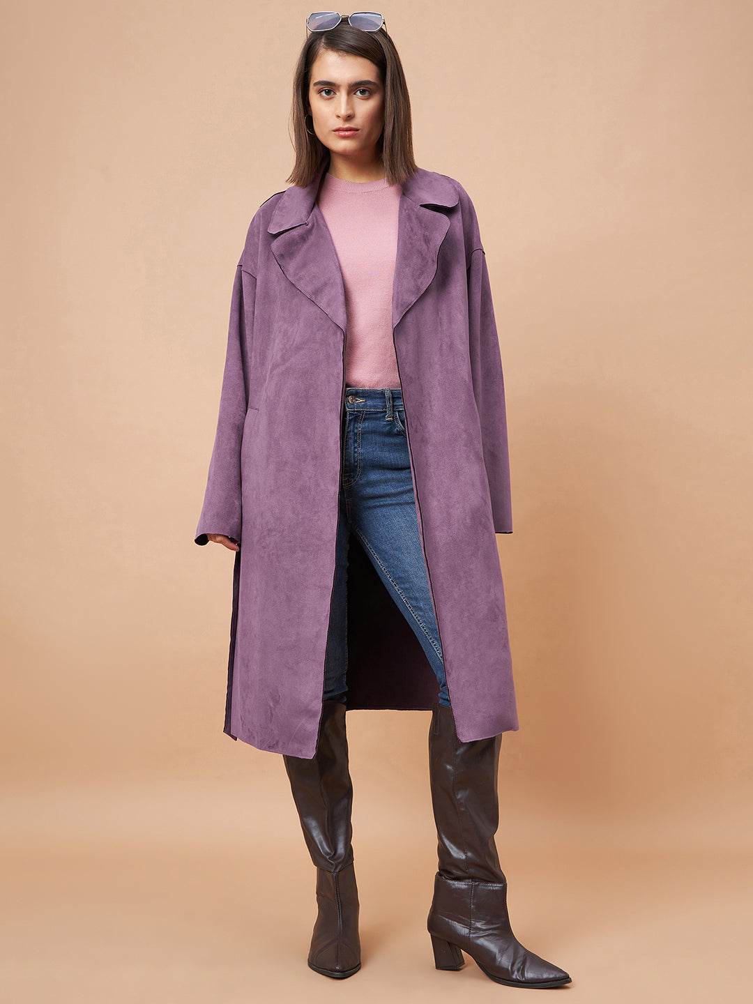 Gipsy Women Lapel Collar Straight Full Sleeve Suede Fabric Purple Coat