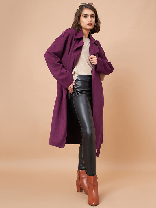 Gipsy Women Lapel Collar Straight Full Sleeve Suede Fabric Wine Coat