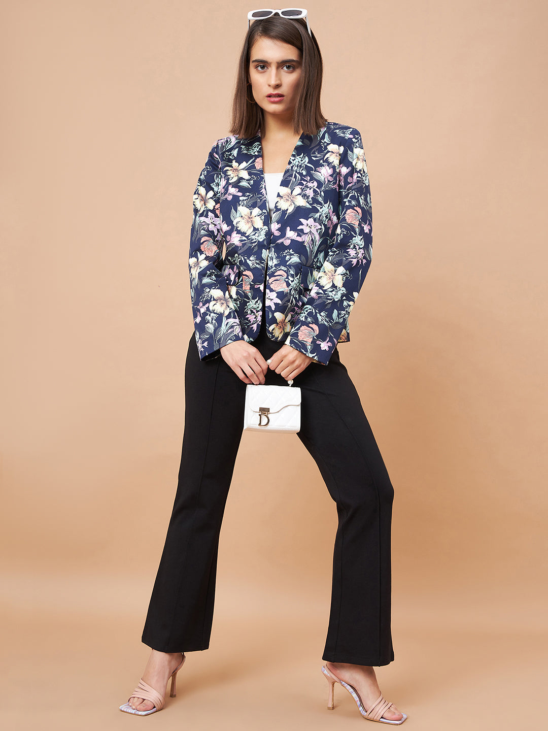 Gipsy Women V-Neck Straight Full Sleeve Cotton Fabric Navy Floral Coat
