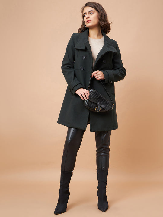 Gipsy Women Funnel Collar Straight Full Sleeve Synthetics Fabric Olive Coat