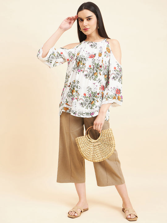 Gipsy Women Solid Lace Rayon Cream Top