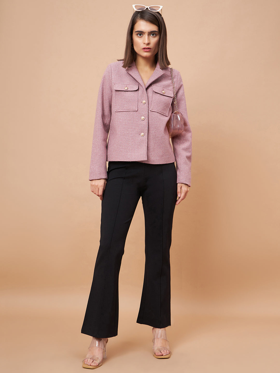 Gipsy Women Lapel Collar Straight Full Sleeve Lurex Wool Fabric Dusky Pink Coat