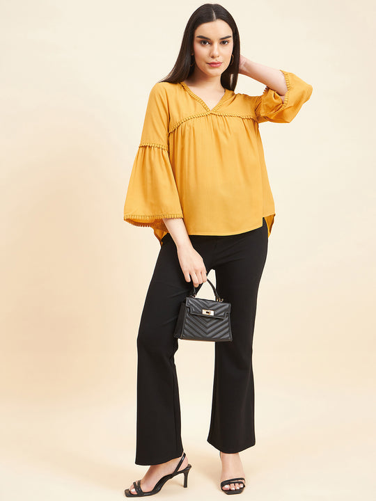 Gipsy Women Solid Lace Polyester Mustard Top