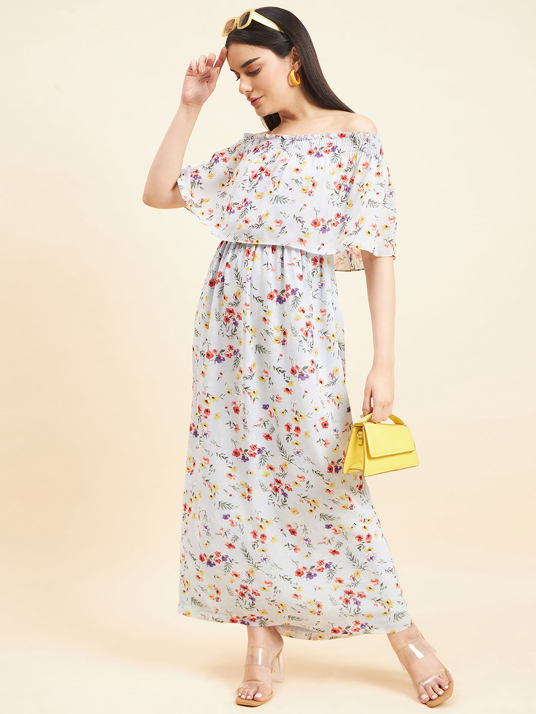 Gipsy Women Print Frill Polyester Maxi Lt Blue Dress
