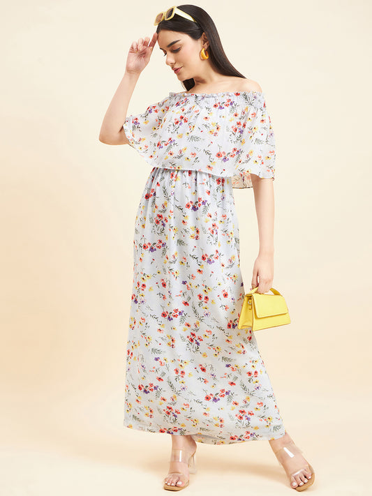 Gipsy Women Print Frill Polyester Maxi Lt Blue Dress