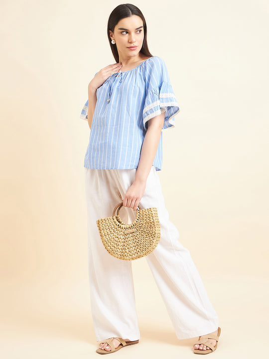 Gipsy Women Print Lace Cotton Blue Top