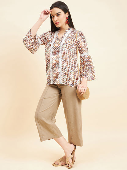Gipsy Women Print Lace Polyester Cream Tunic