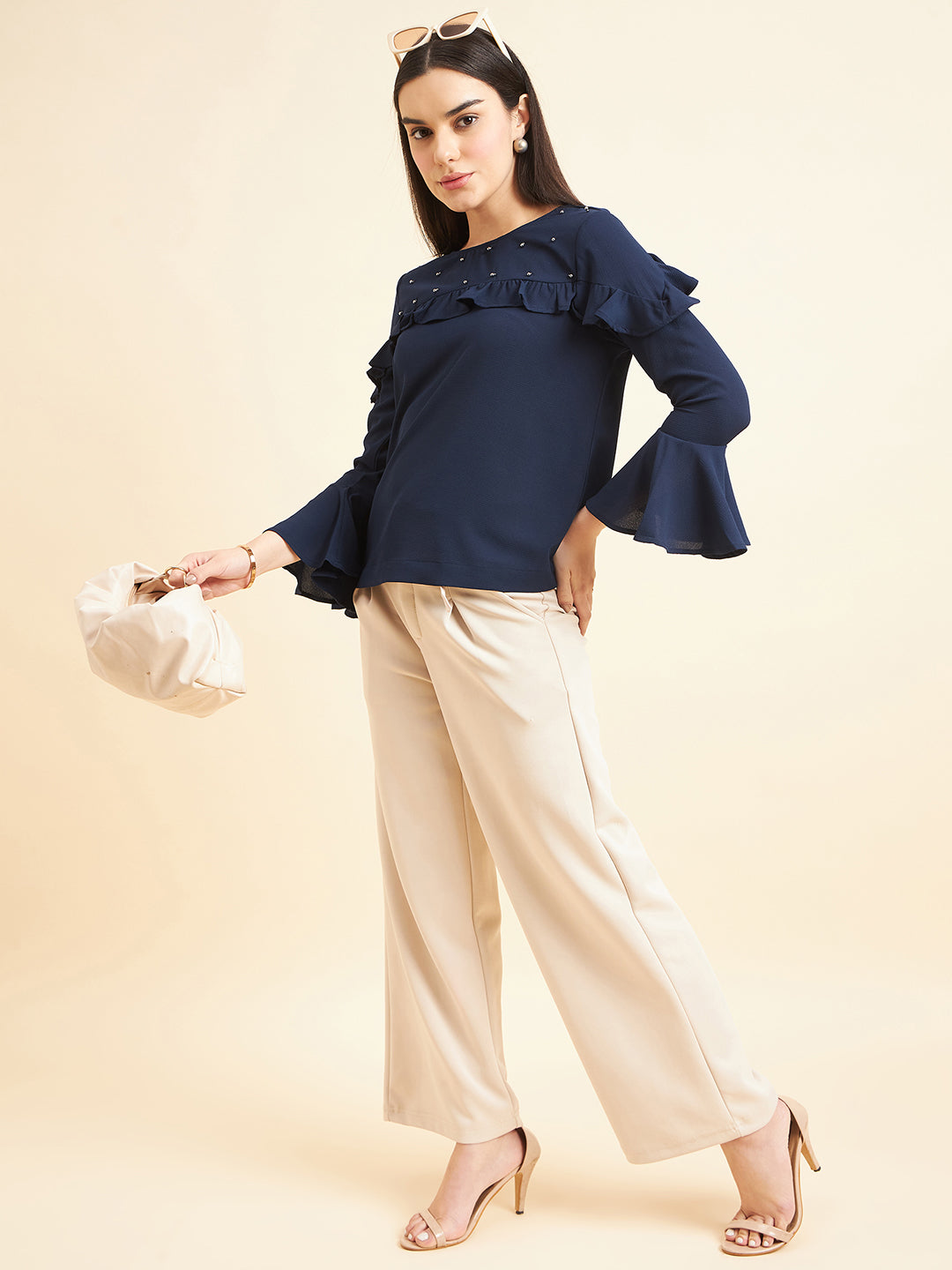 Gipsy Women Solid Embellishment Polyester Navy Top
