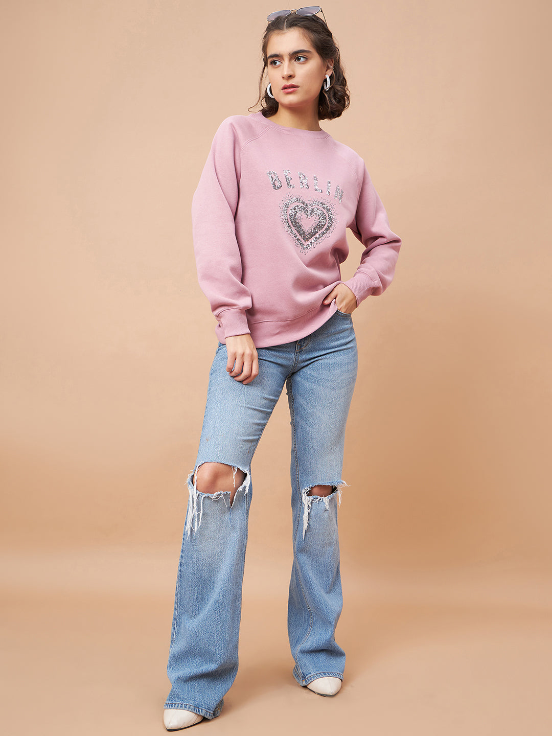Gipsy Women Round Neck Straight Full Sleeve Polyester Fabric Pink Sweatshirt