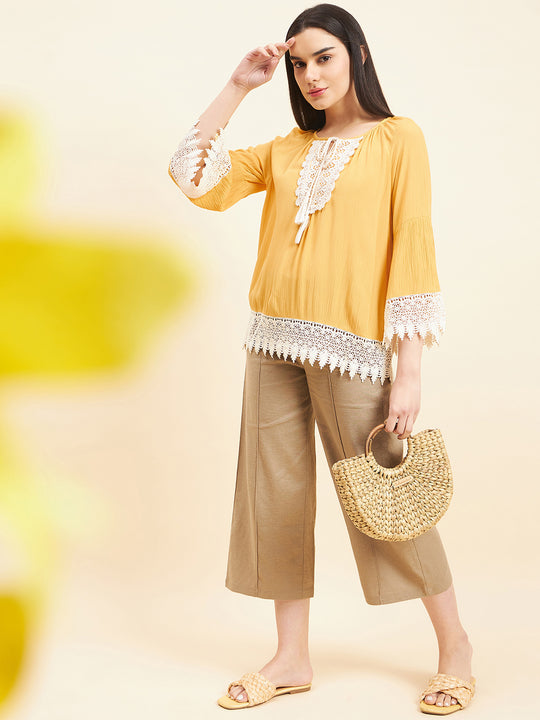 Gipsy Women Solid Lace Rayon Mustard Tunic