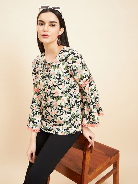 Gipsy Women Printed Lace Rayon Black Top