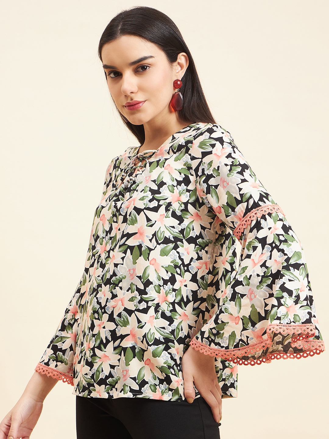 Gipsy Women Printed Lace Rayon Black Top