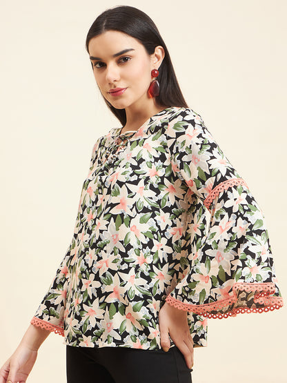 Gipsy Women Printed Lace Rayon Black Top