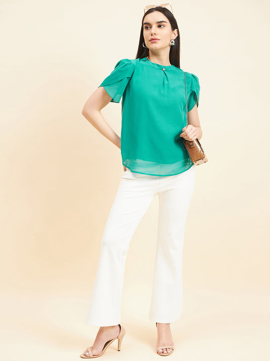 Gipsy Women Solid Button Georgette Emerald Green Top