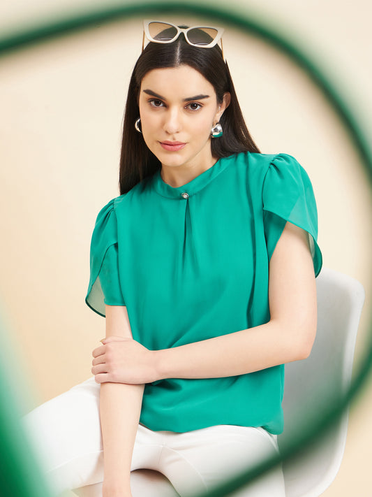 Gipsy Women Solid Button Georgette Emerald Green Top