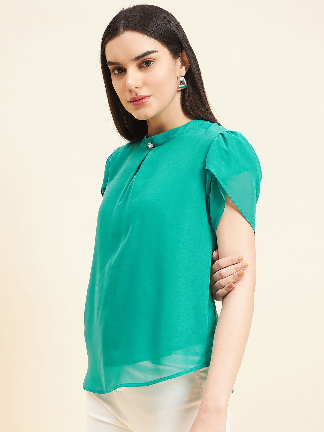 Gipsy Women Solid Button Georgette Emerald Green Top