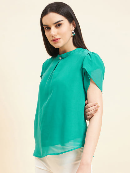 Gipsy Women Solid Button Georgette Emerald Green Top