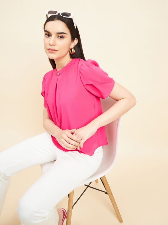 Gipsy Women Solid Button Georgette Hot Pink Top