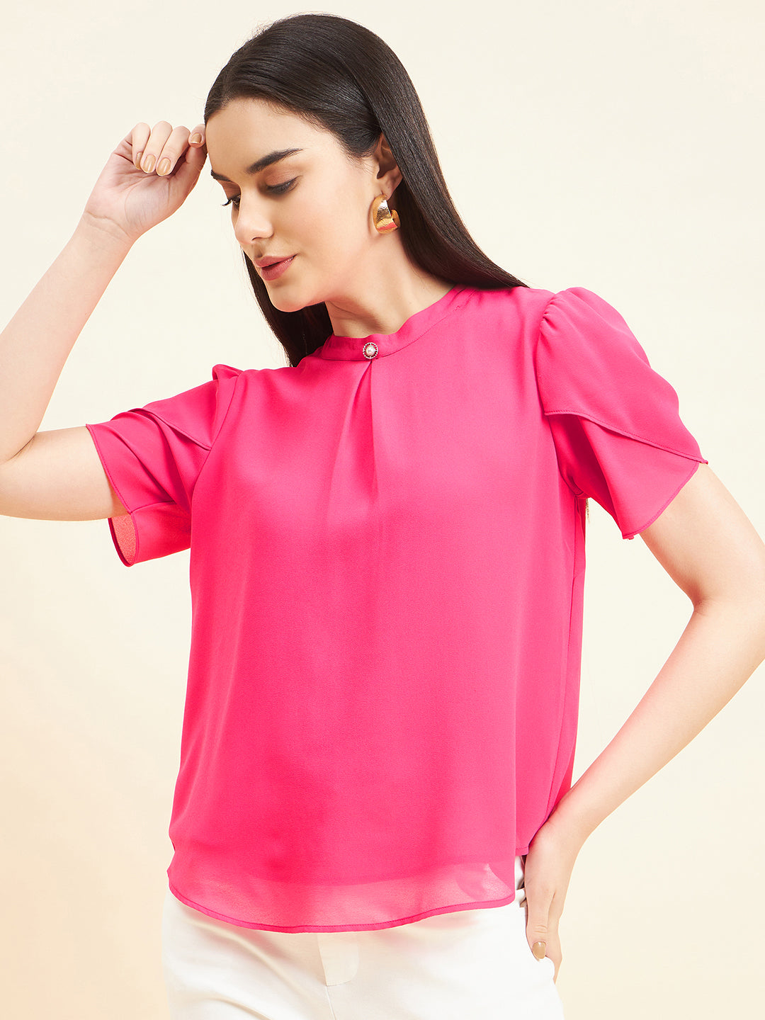 Gipsy Women Solid Button Georgette Hot Pink Top