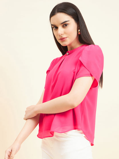 Gipsy Women Solid Button Georgette Hot Pink Top