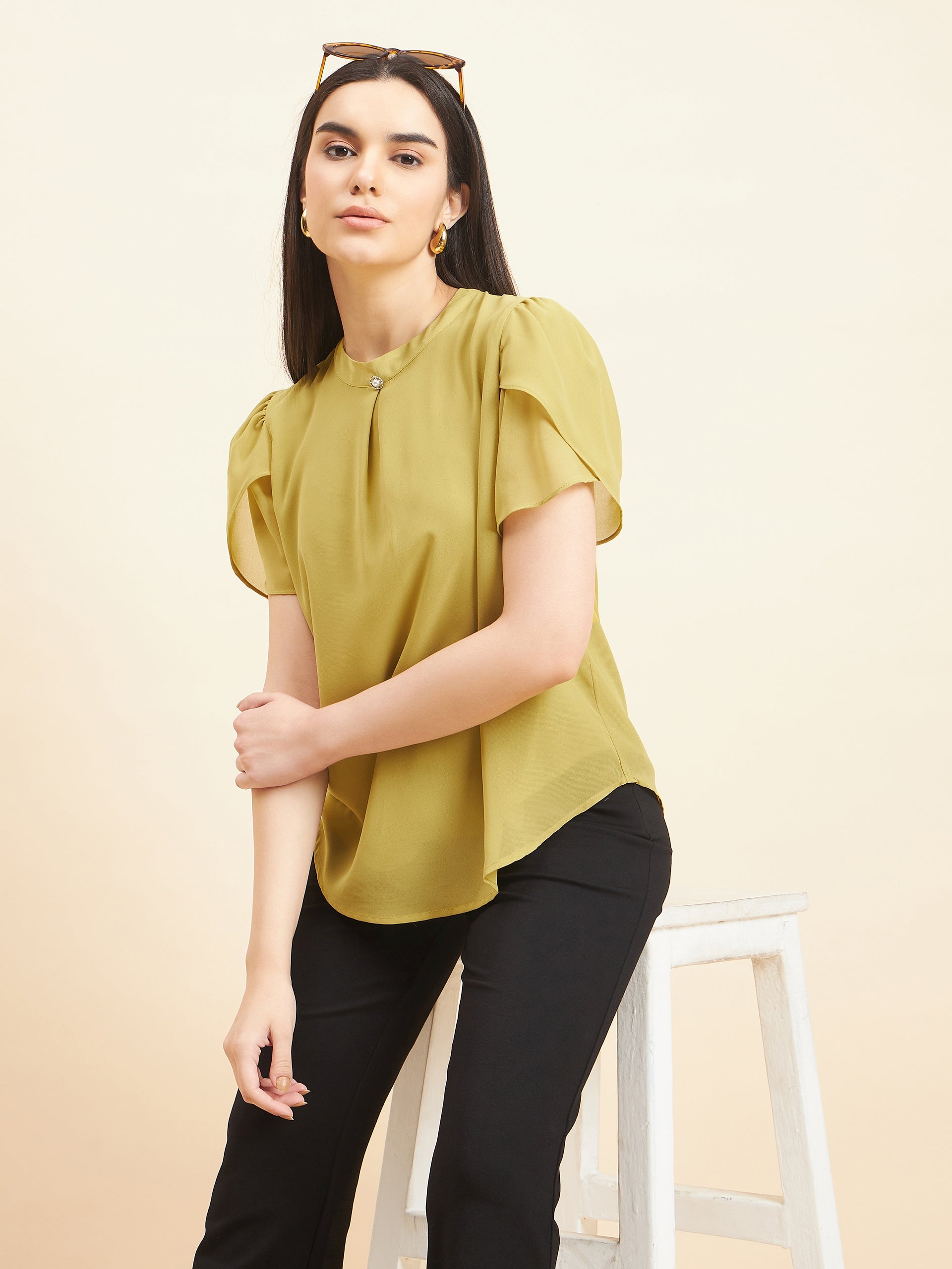 Gipsy Women Solid Button Georgette Lime Green Top