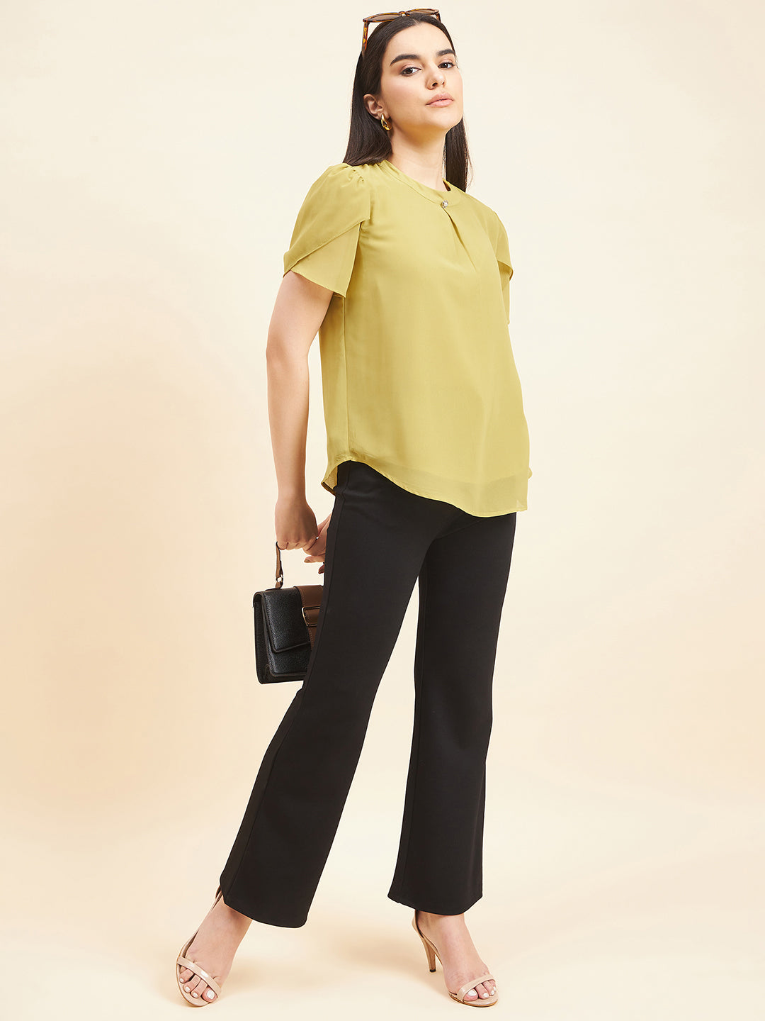 Gipsy Women Solid Button Georgette Lime Green Top