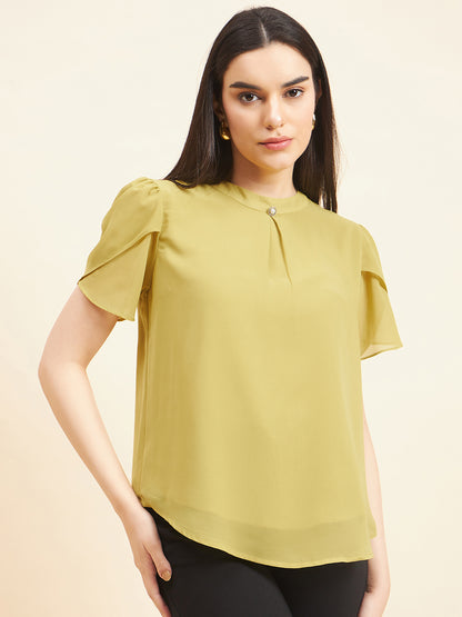 Gipsy Women Solid Button Georgette Lime Green Top