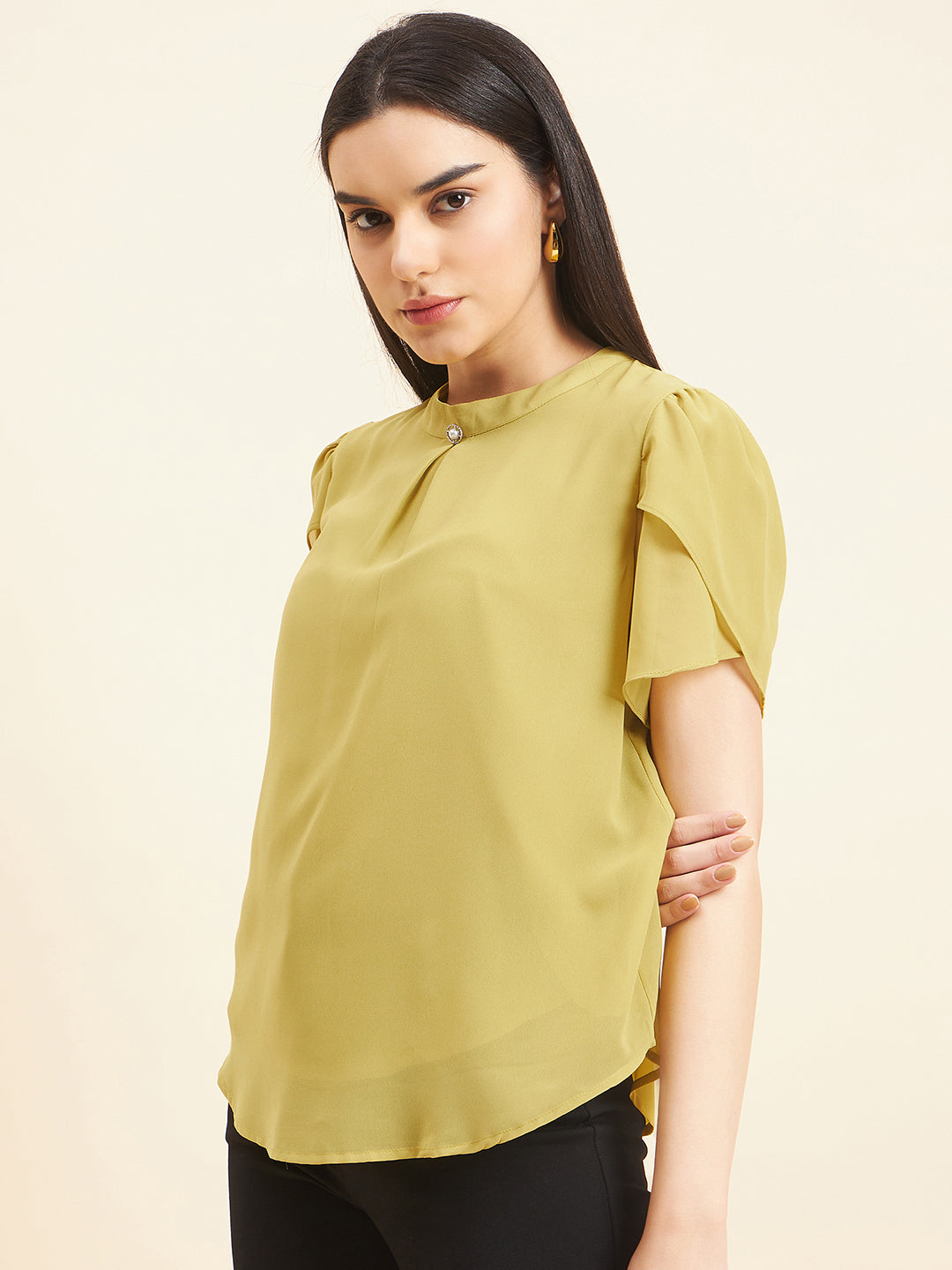 Gipsy Women Solid Button Georgette Lime Green Top