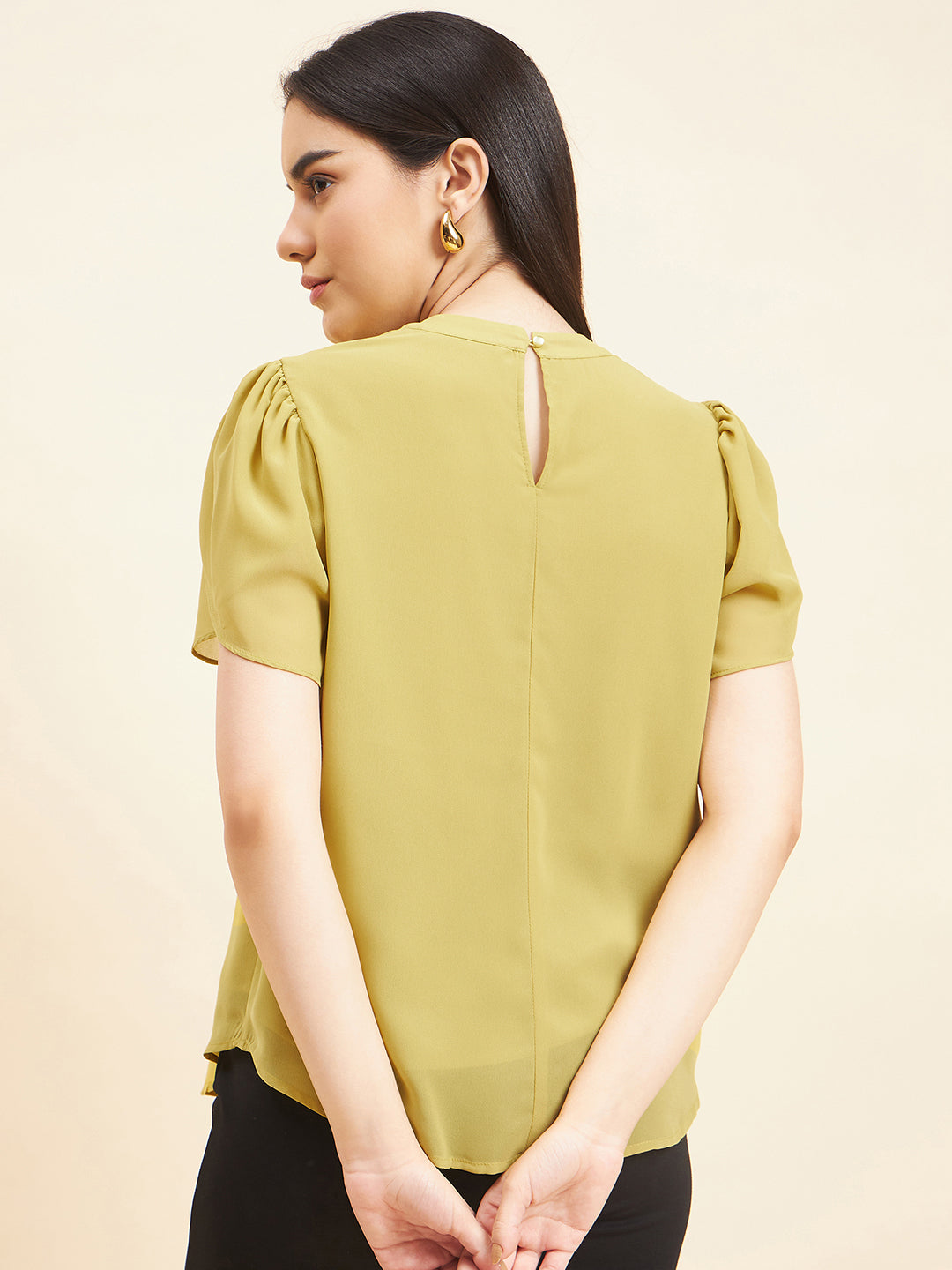 Gipsy Women Solid Button Georgette Lime Green Top
